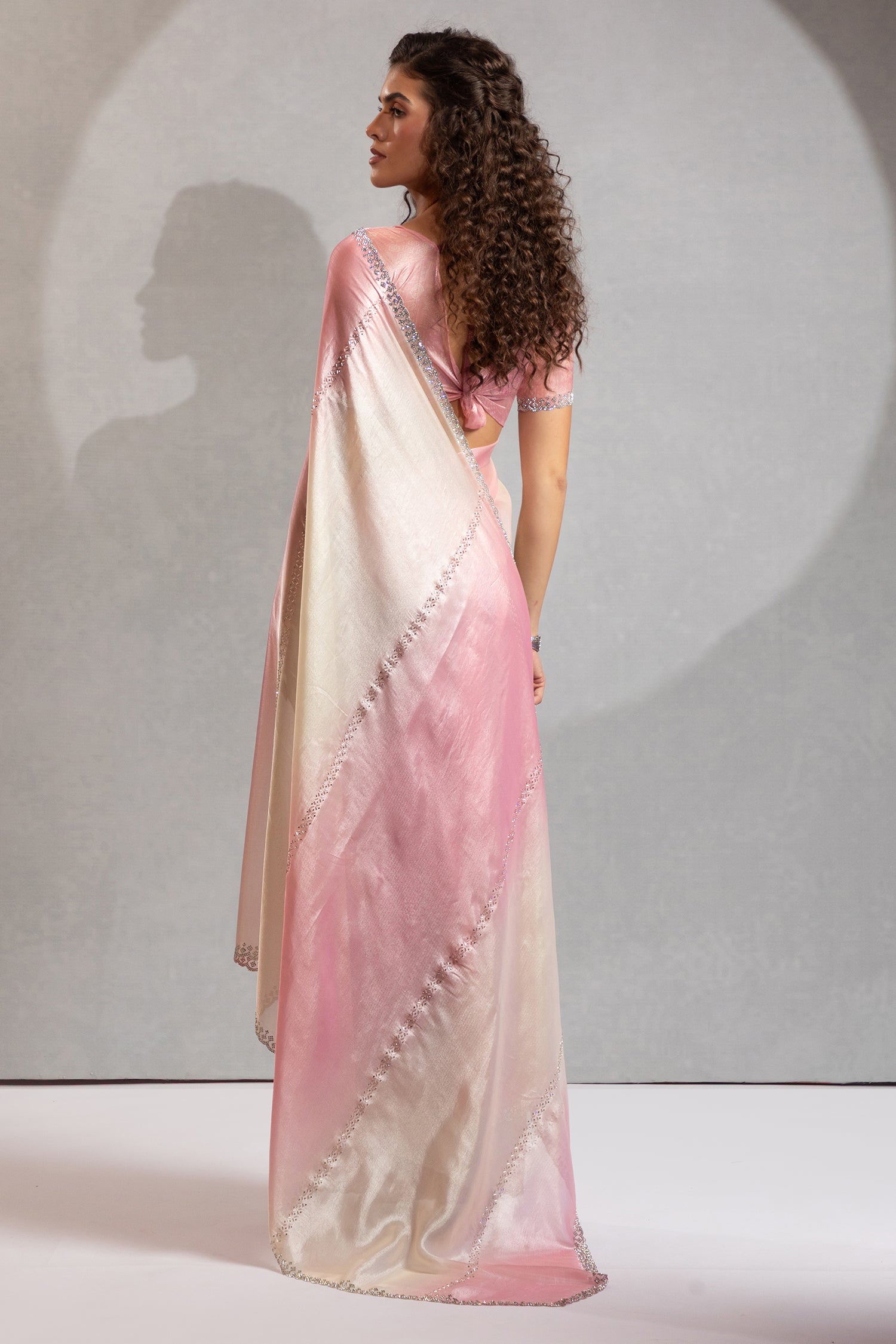 Pink and Cream Satin Silk Saree with Swarovski Work