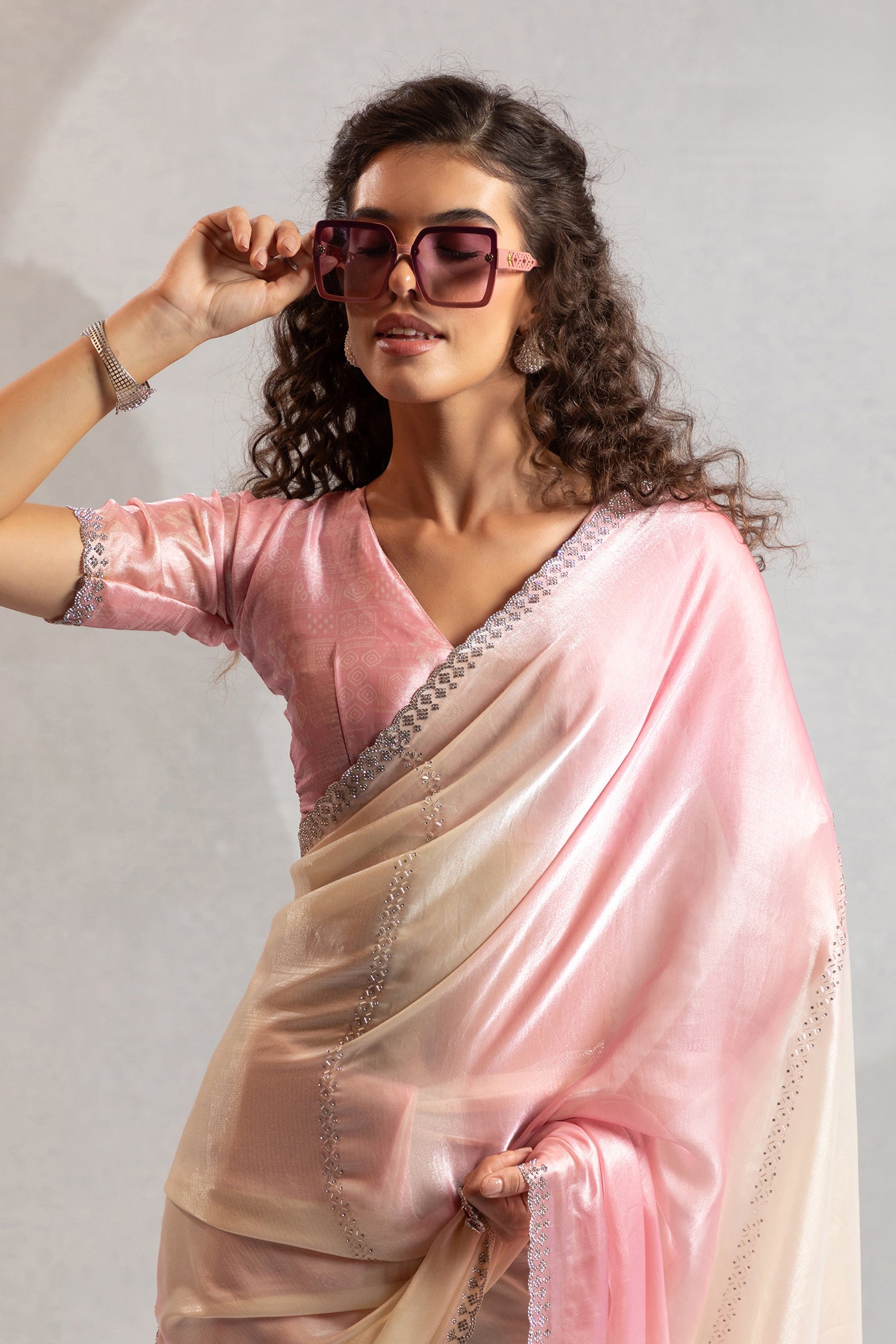 Pink and Cream Satin Silk Saree with Swarovski Work