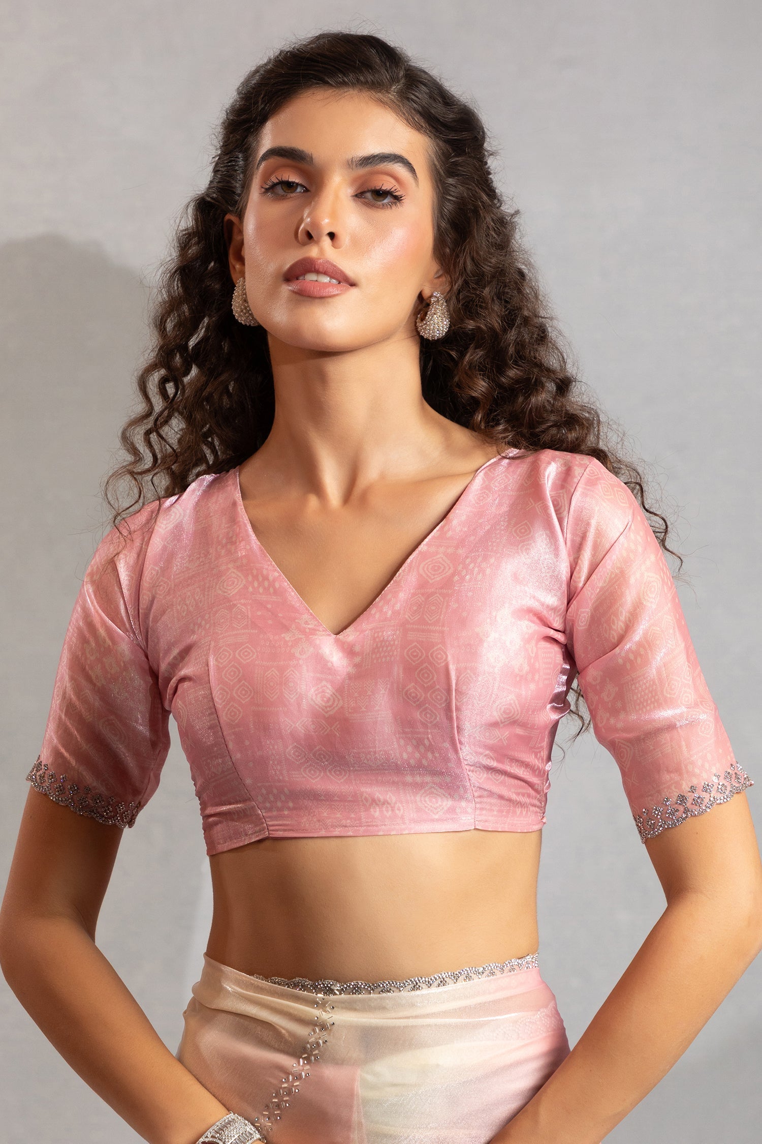 Pink and Cream Satin Silk Saree with Swarovski Work