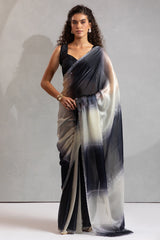 Black and Cream Satin Silk Saree with Swarovski Work