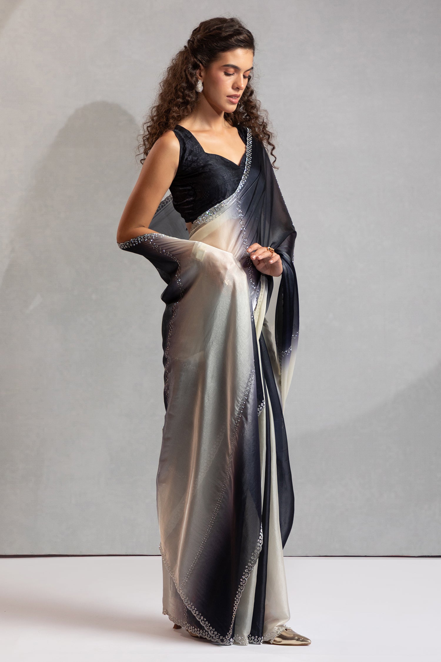 Black and Cream Satin Silk Saree with Swarovski Work