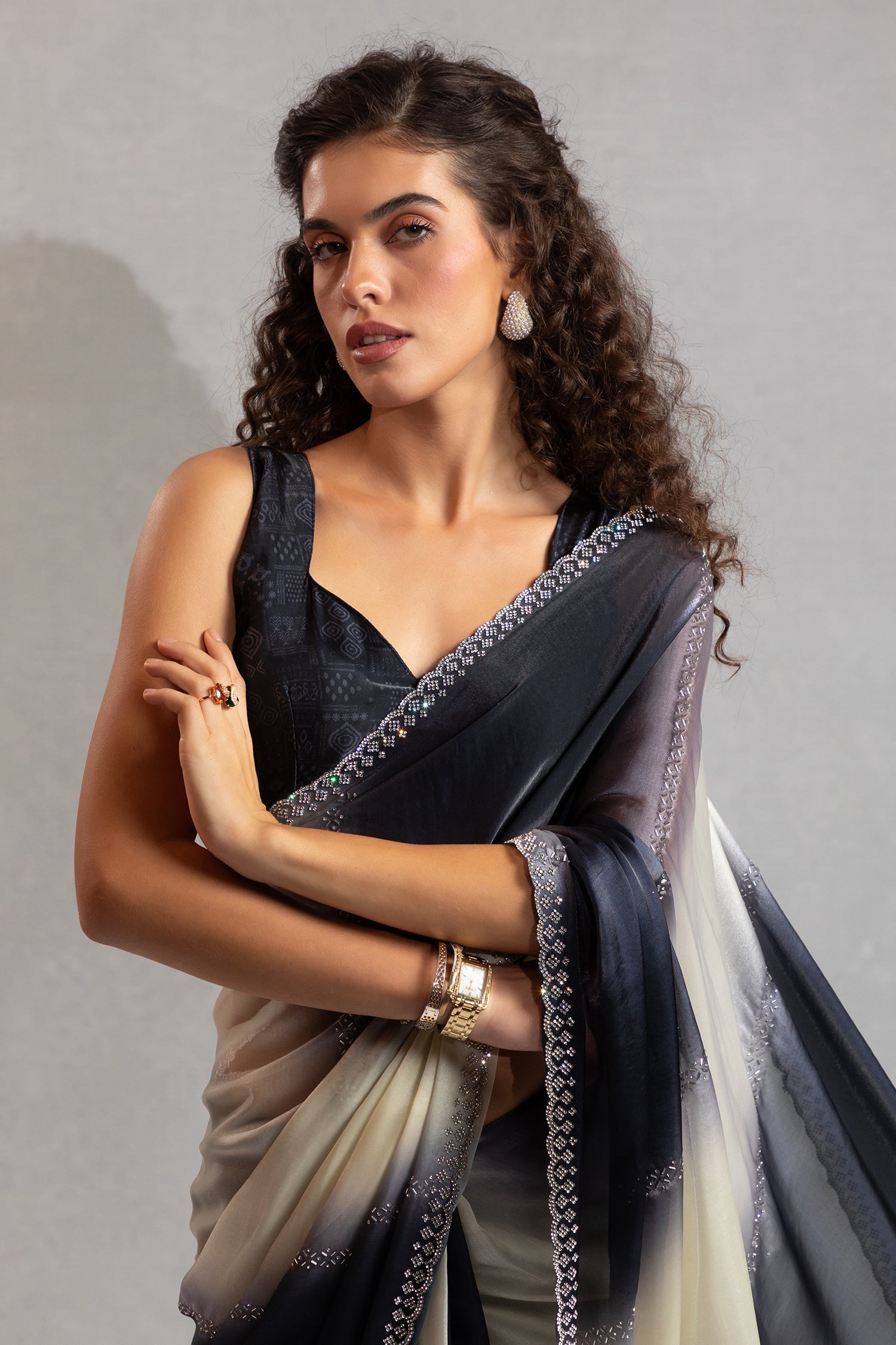 Black and Cream Satin Silk Saree with Swarovski Work