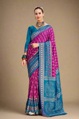Dark Pink Art Silk Ikkat Printed Saree