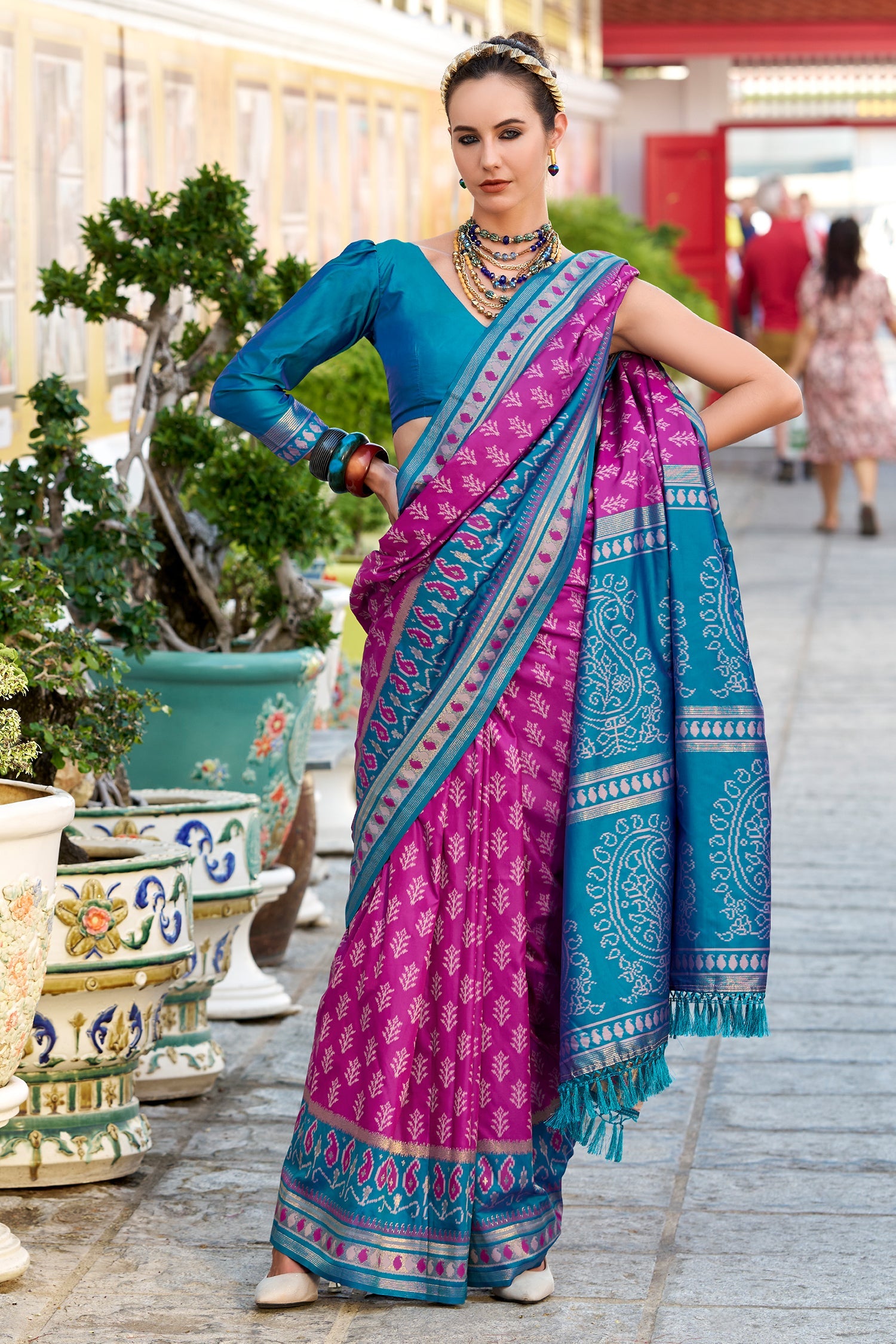 Dark Pink Art Silk Ikkat Printed Saree