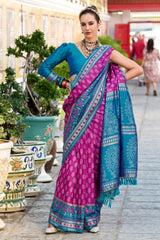 Dark Pink Art Silk Ikkat Printed Saree