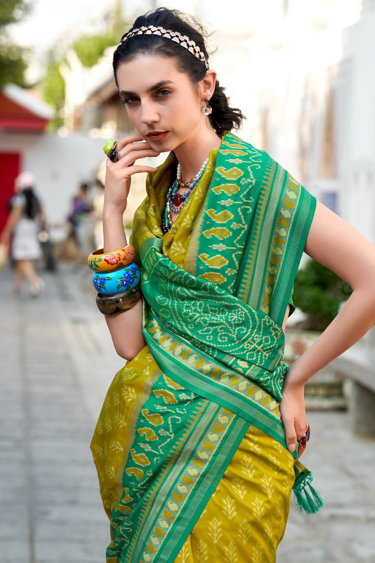 Mustard Art Silk Ikkat Printed Saree