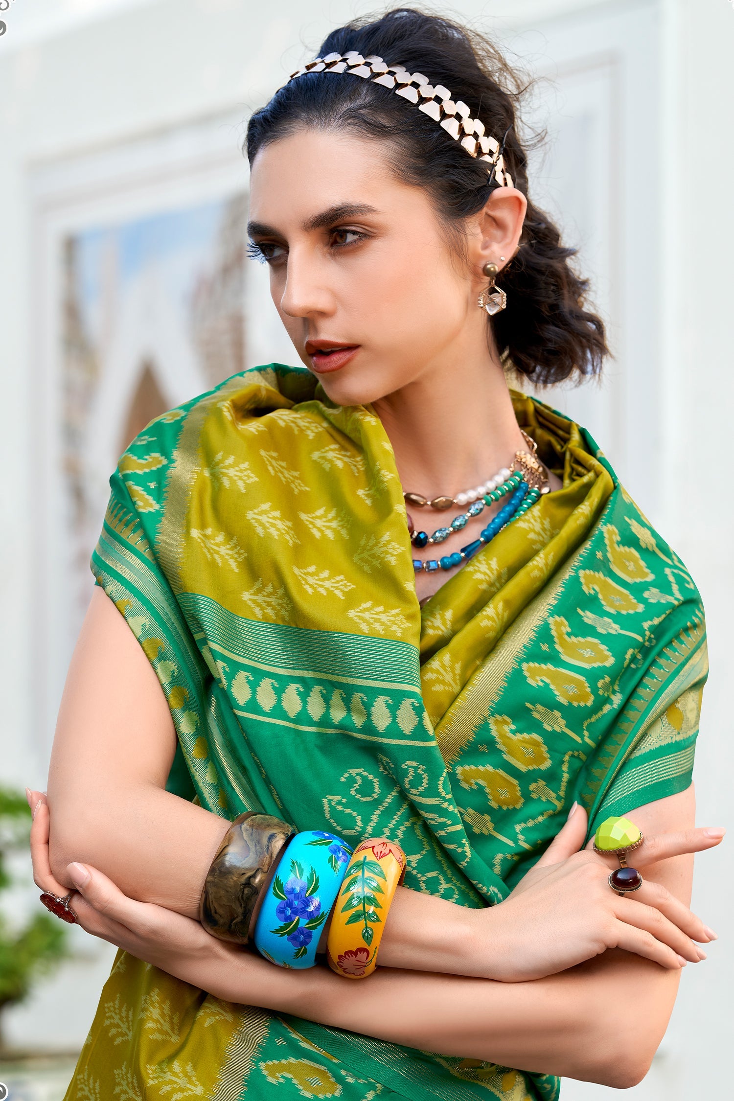 Mustard Art Silk Ikkat Printed Saree