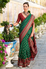 Dark Green Art Silk Ikkat Printed Saree