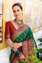 Dark Green Art Silk Ikkat Printed Saree