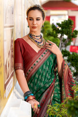 Dark Green Art Silk Ikkat Printed Saree