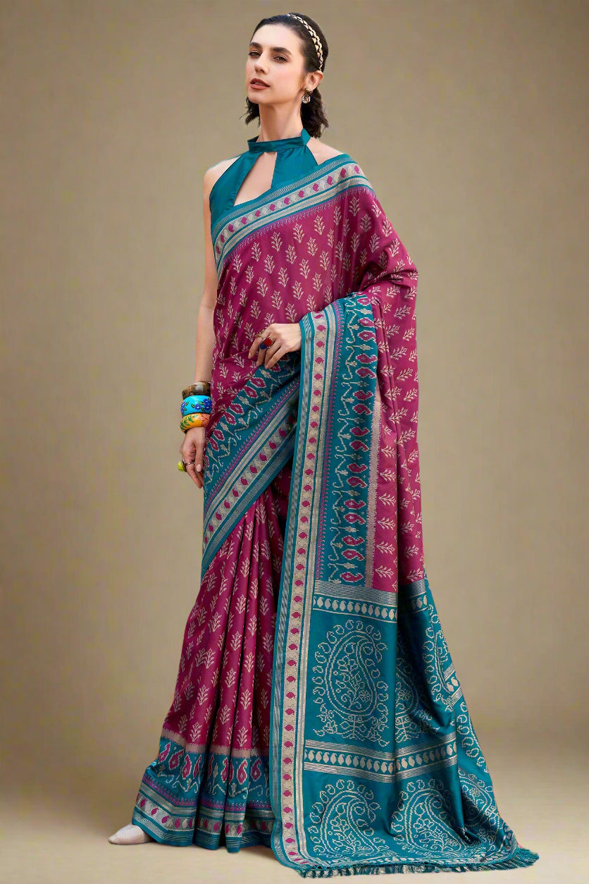 Purple Art Silk Ikkat Printed Saree