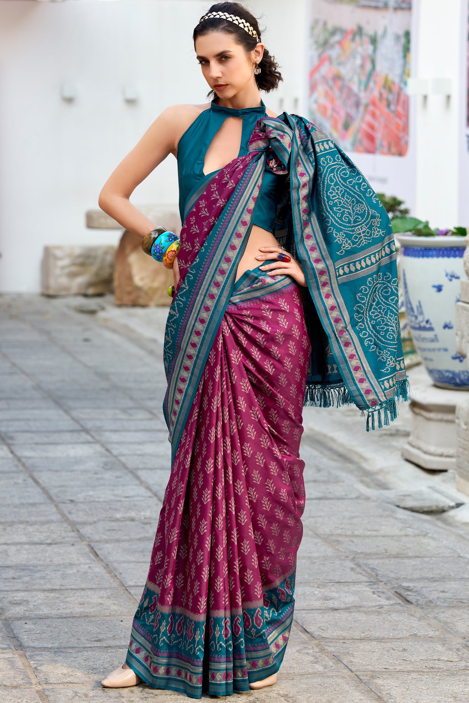 Purple Art Silk Ikkat Printed Saree