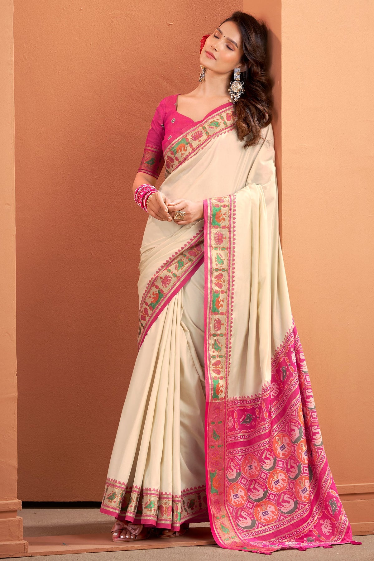 Off White Art Silk Patola Print Border and Pallu