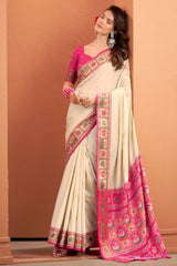 Off White Art Silk Patola Print Border and Pallu