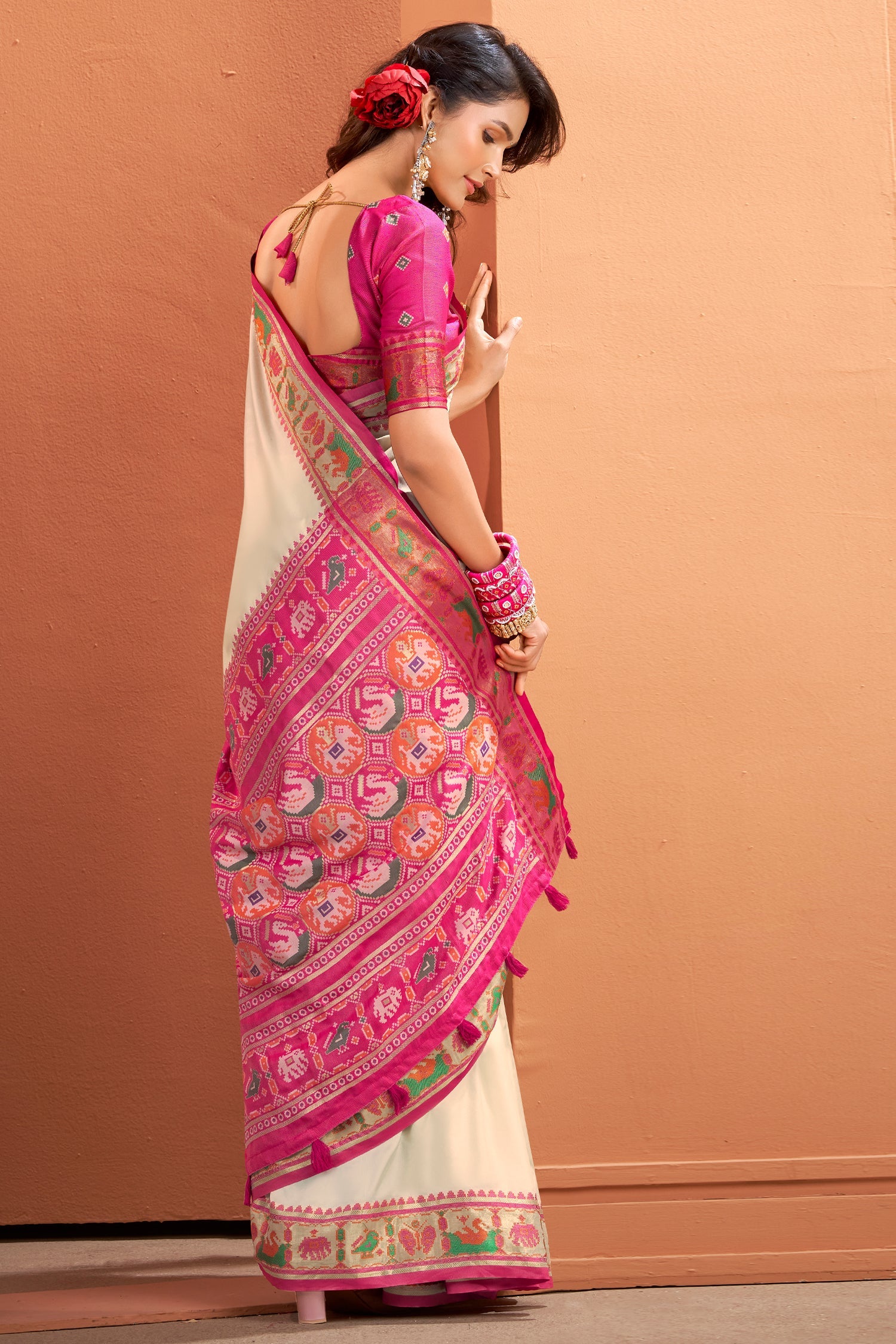 Off White Art Silk Patola Print Border and Pallu
