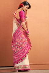 Off White Art Silk Patola Print Border and Pallu