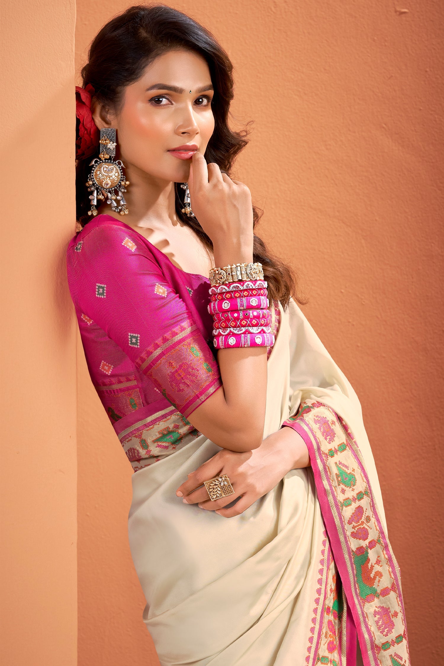 Off White Art Silk Patola Print Border and Pallu
