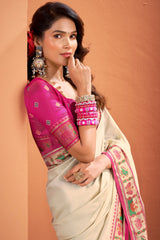 Off White Art Silk Patola Print Border and Pallu