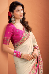 Off White Art Silk Patola Print Border and Pallu