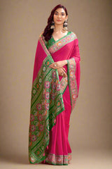 Dark Pink Art Silk Patola Print Border and Pallu