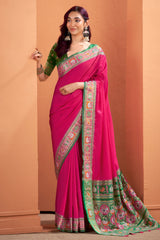Dark Pink Art Silk Patola Print Border and Pallu