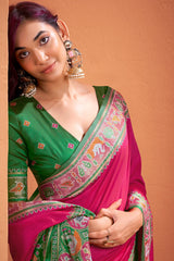 Dark Pink Art Silk Patola Print Border and Pallu