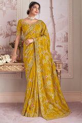 Mustard Yellow Tissue Embroidered Saree