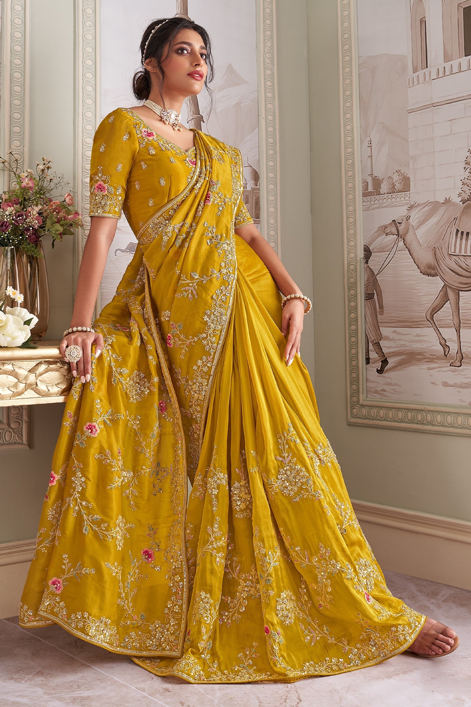Mustard Yellow Tissue Embroidered Saree