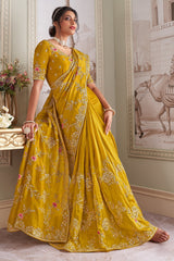 Mustard Yellow Tissue Embroidered Saree