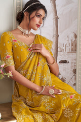 Mustard Yellow Tissue Embroidered Saree