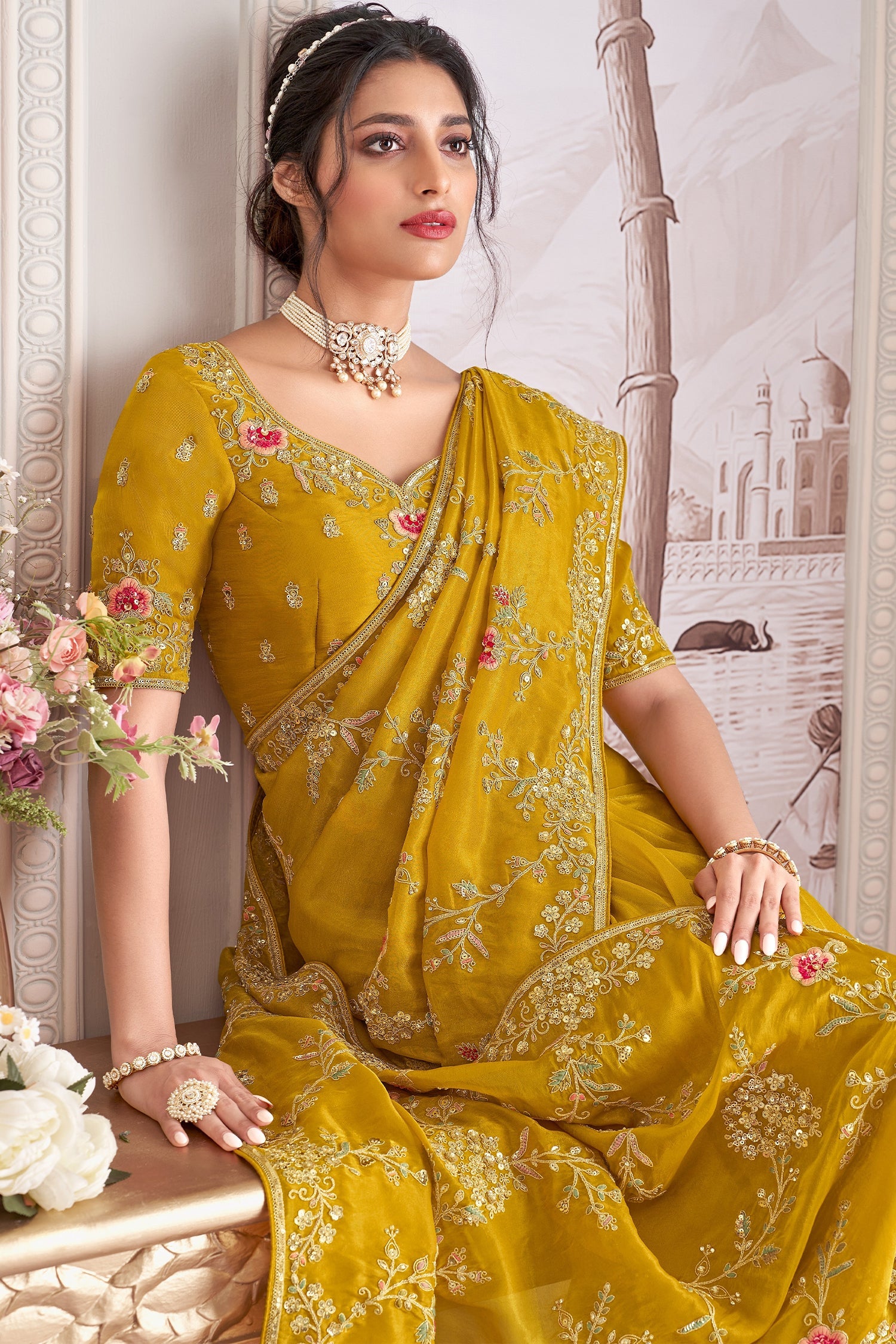 Mustard Yellow Tissue Embroidered Saree