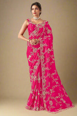 Dark Pink Organza Handwork Saree