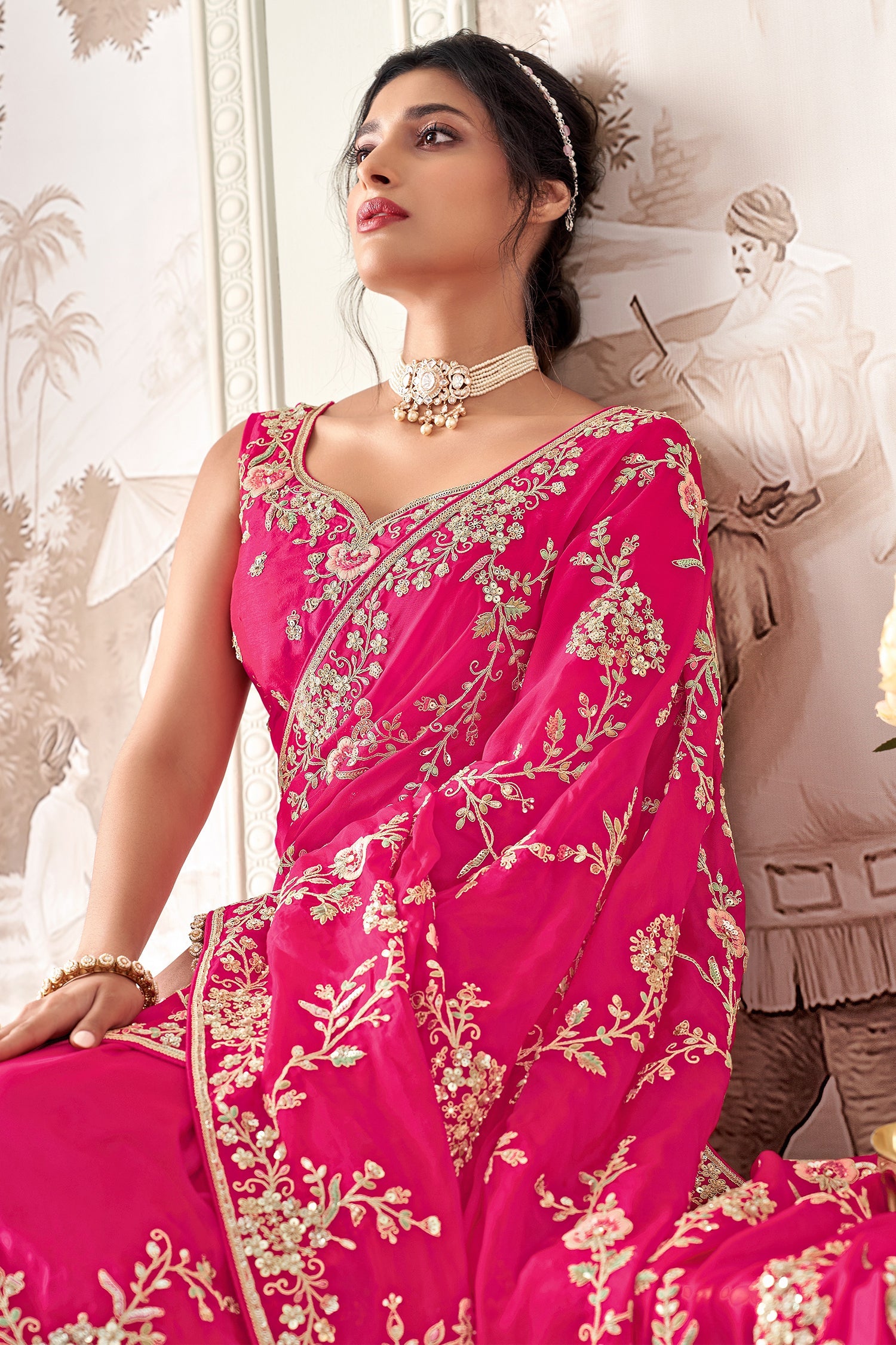 Dark Pink Organza Handwork Saree