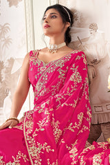 Dark Pink Organza Handwork Saree