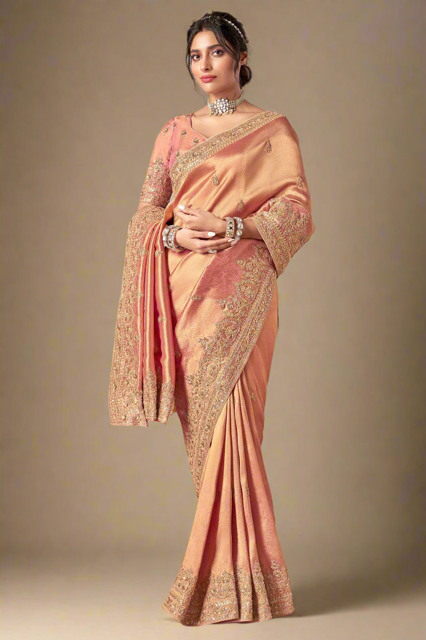 Peach Jacquard Silk Embroidered Saree