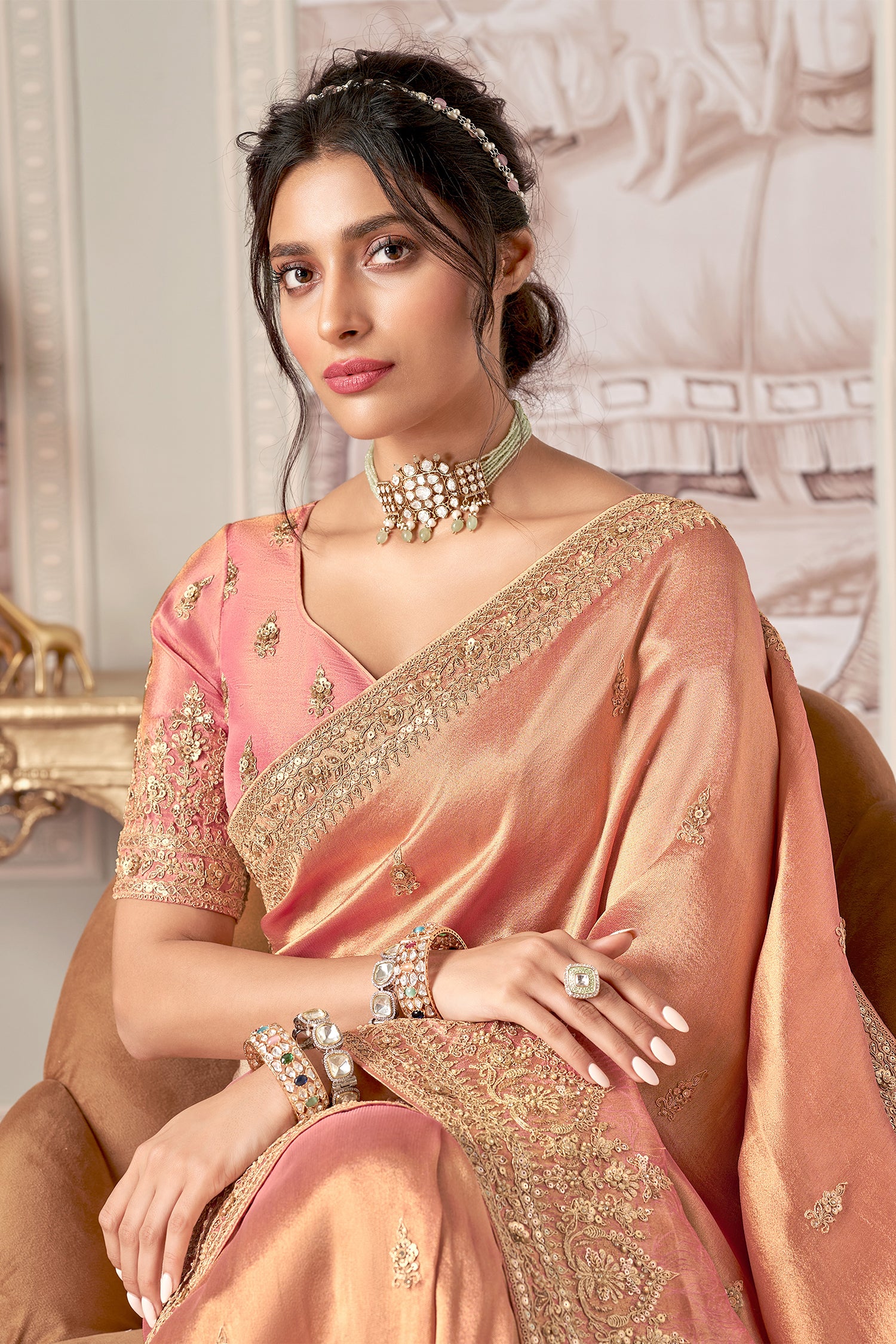 Peach Jacquard Silk Embroidered Saree