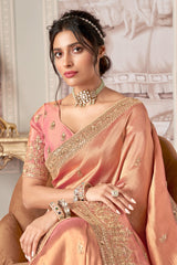 Peach Jacquard Silk Embroidered Saree