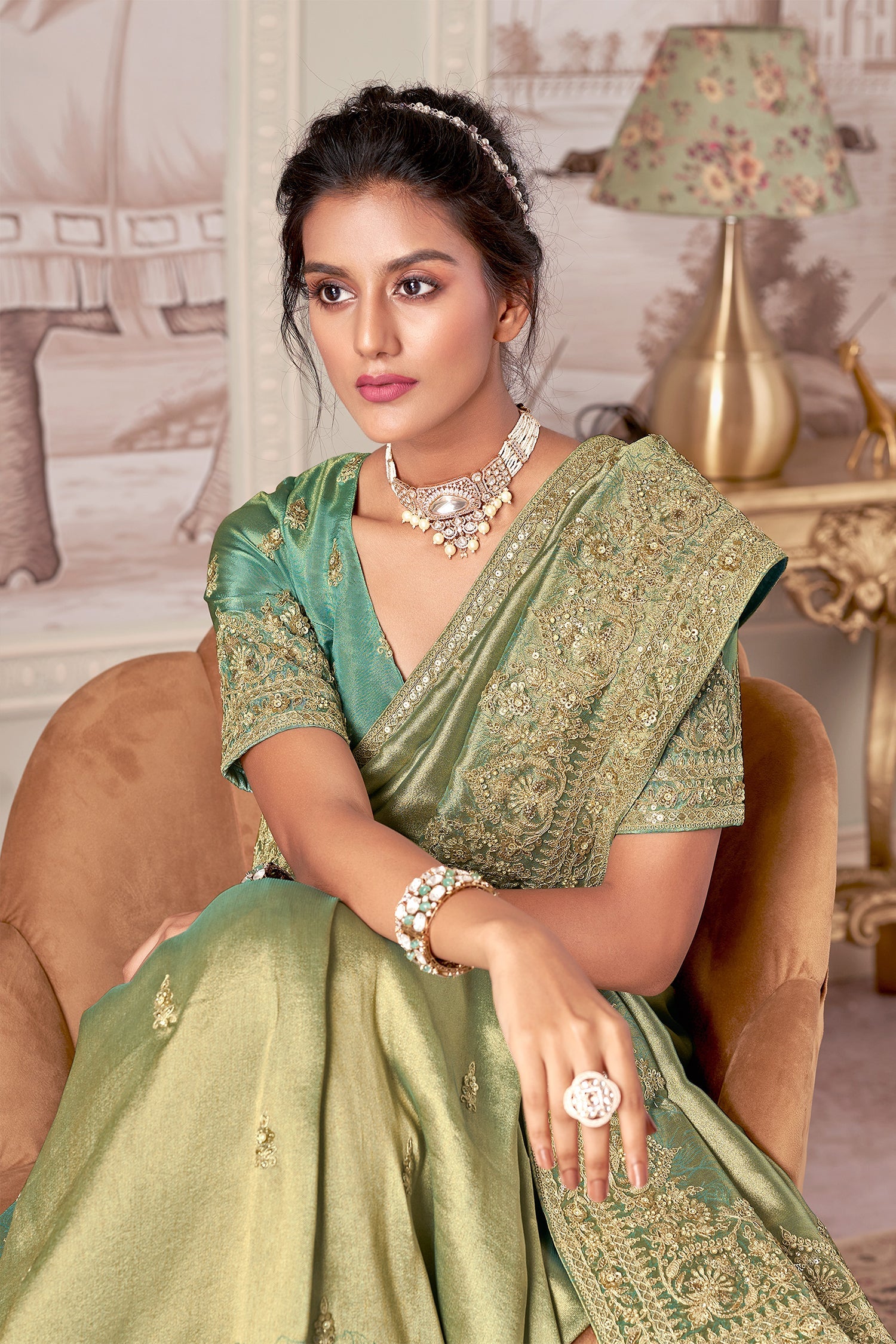 Green Jacquard Silk Embroidered Saree