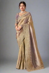 Golden Two Toned Jacquard Silk Embroidered Saree