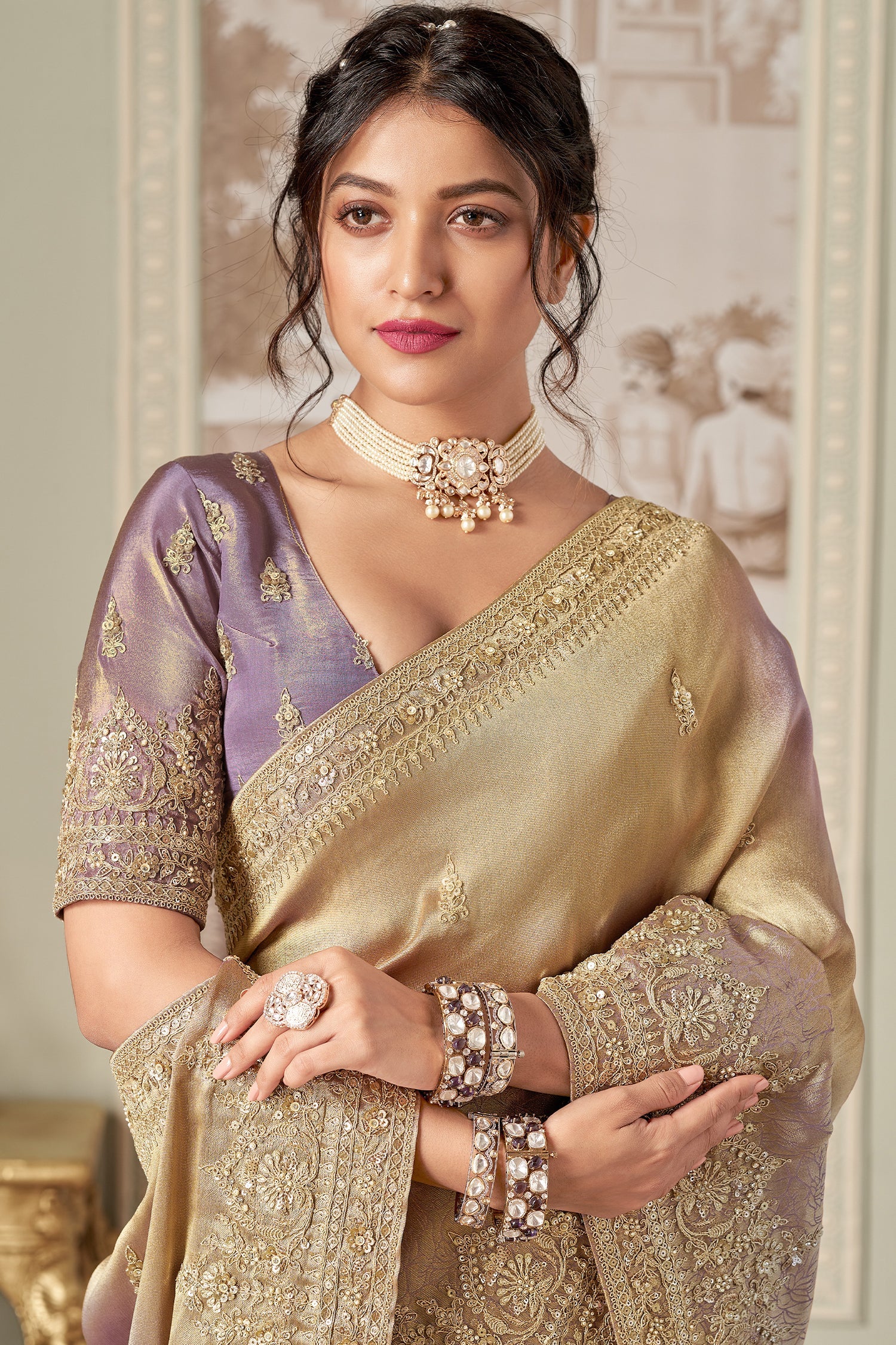 Golden Two Toned Jacquard Silk Embroidered Saree