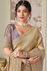 Golden Two Toned Jacquard Silk Embroidered Saree