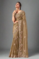Taupe Organza Glass Tissue Floral Embroidered Saree