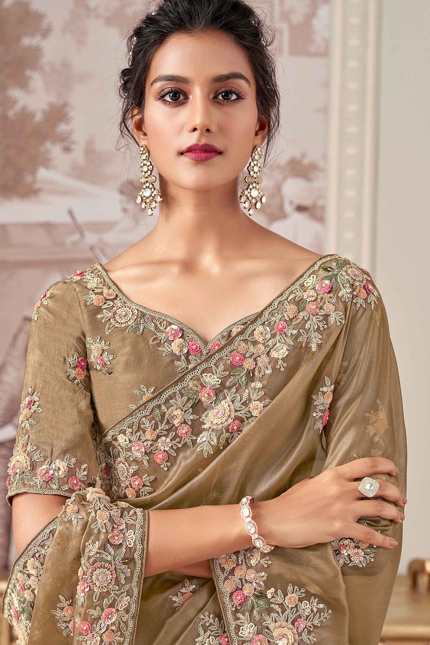 Taupe Organza Glass Tissue Floral Embroidered Saree