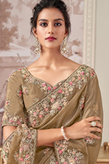 Taupe Organza Glass Tissue Floral Embroidered Saree