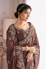 Brown Organza Glass Tissue Floral Embroidered Saree