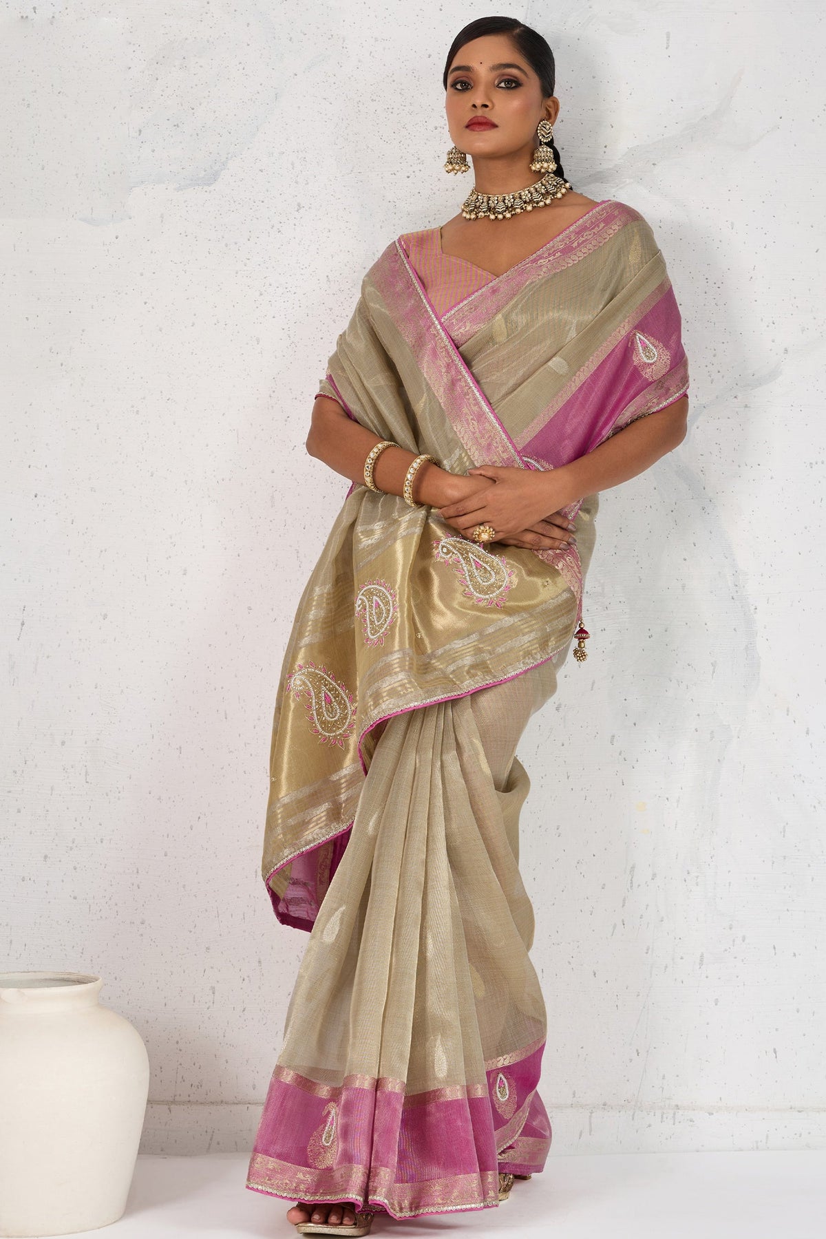 Beige Linen Tissue Zari Weaving Saree with Contrast Border
