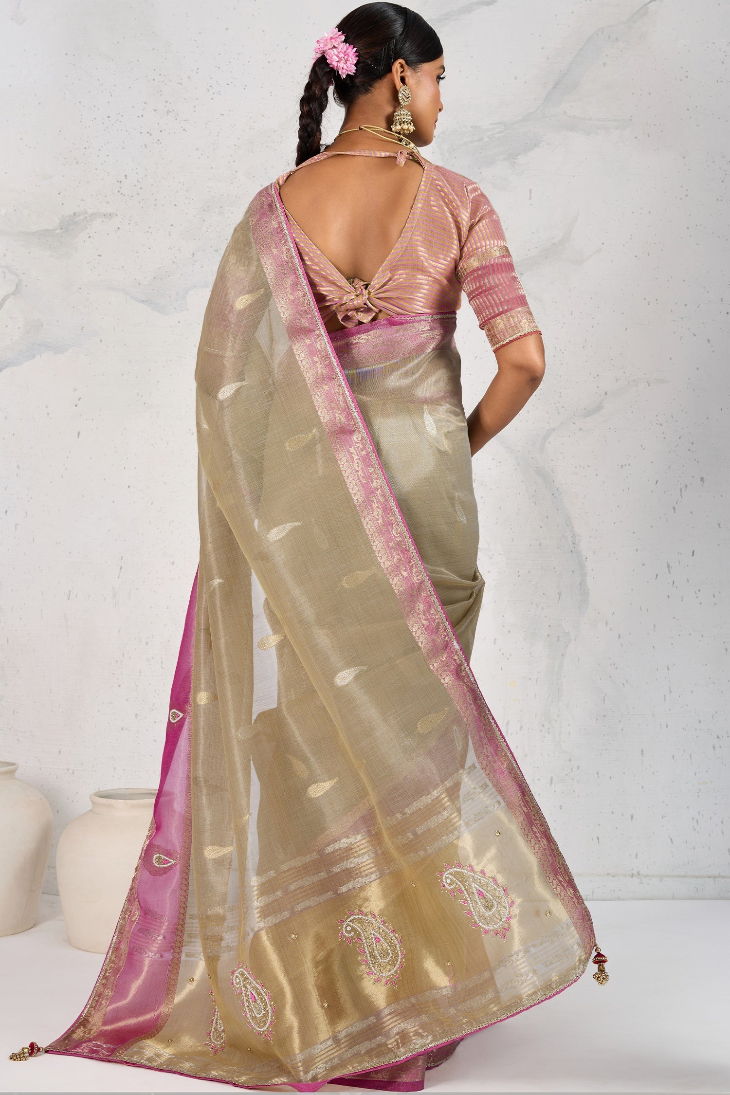 Beige Linen Tissue Zari Weaving Saree with Contrast Border