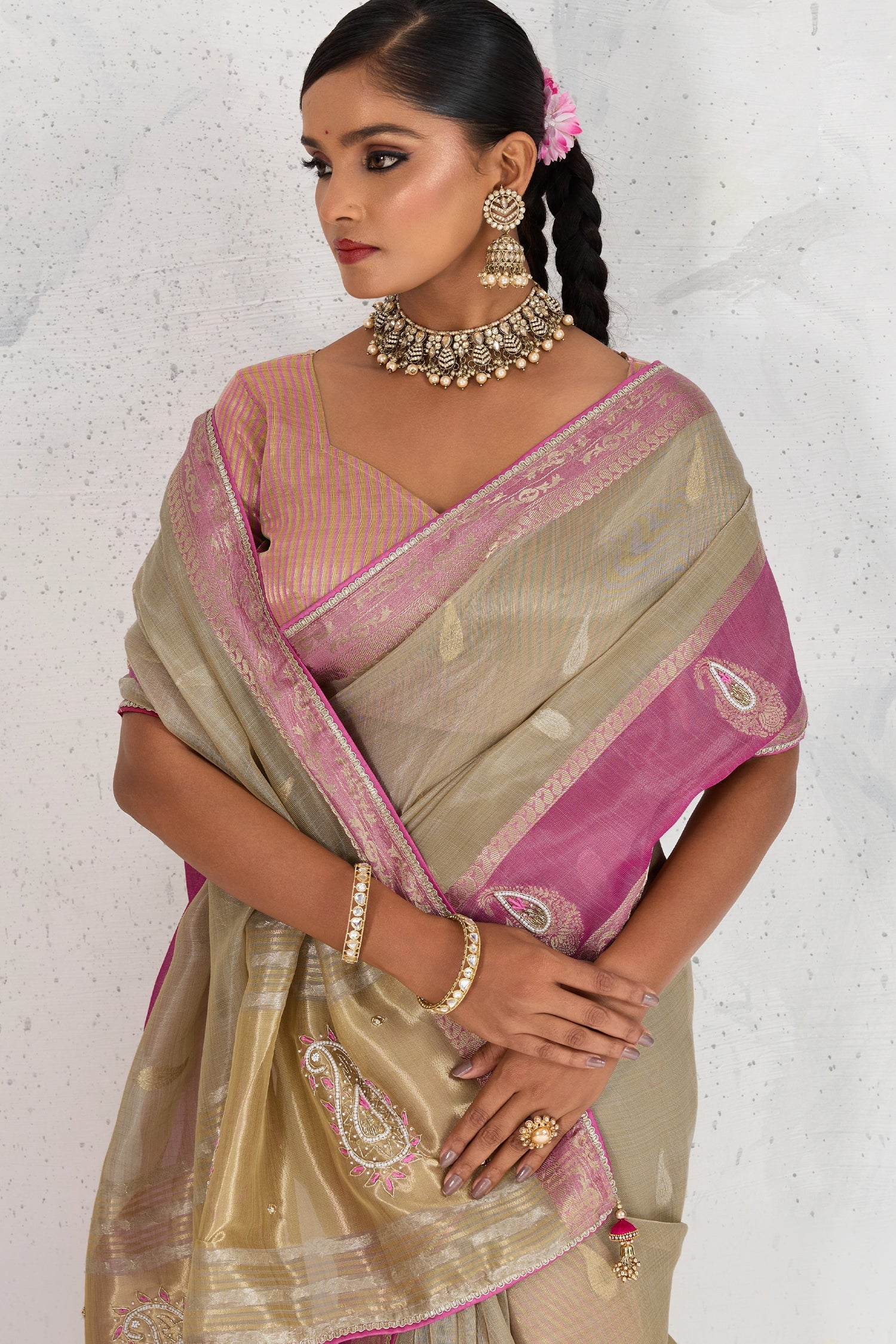 Beige Linen Tissue Zari Weaving Saree with Contrast Border