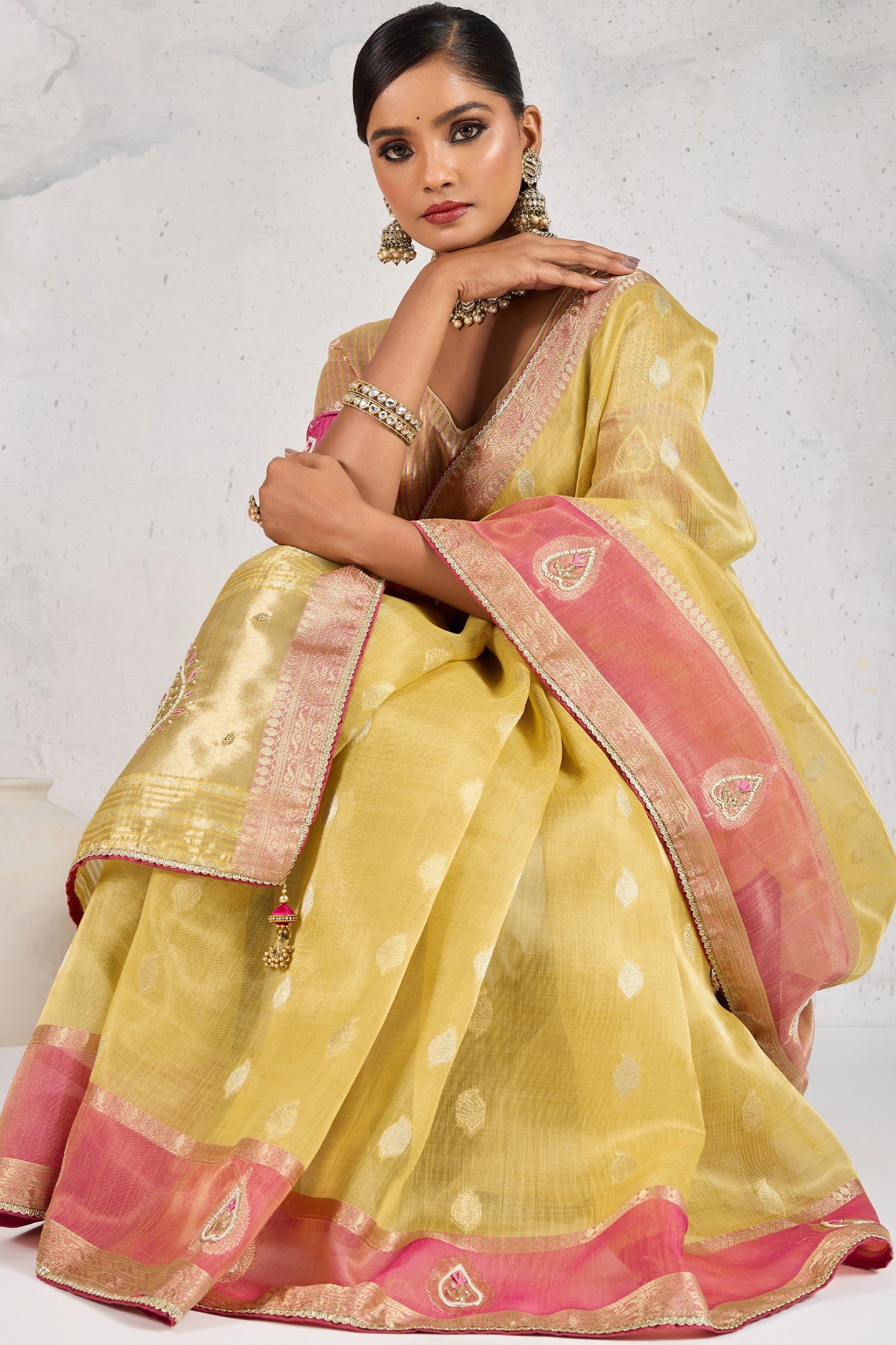 Yellow Linen Tissue Zari Weaving Saree with Contrast Border