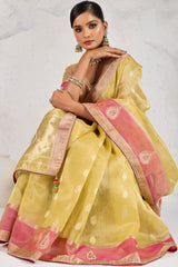 Yellow Linen Tissue Zari Weaving Saree with Contrast Border